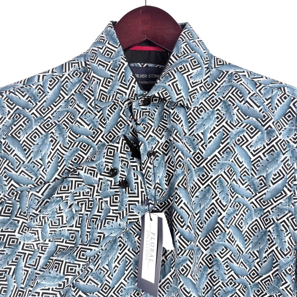 Silver Stone Collection Button Down Mens M Blue NEW Geometric Feather Modern Fit